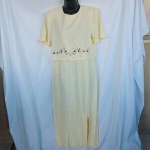 Vintage D.J. Summers Womens Midi Dress Lemon Layered Embroidered, 80s,  19" ptp